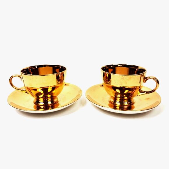Antique Geo. H. Bowman & Son Gold Tea Cups Set Of 2 1920-40's Eggshell USA - Picture 3 of 10